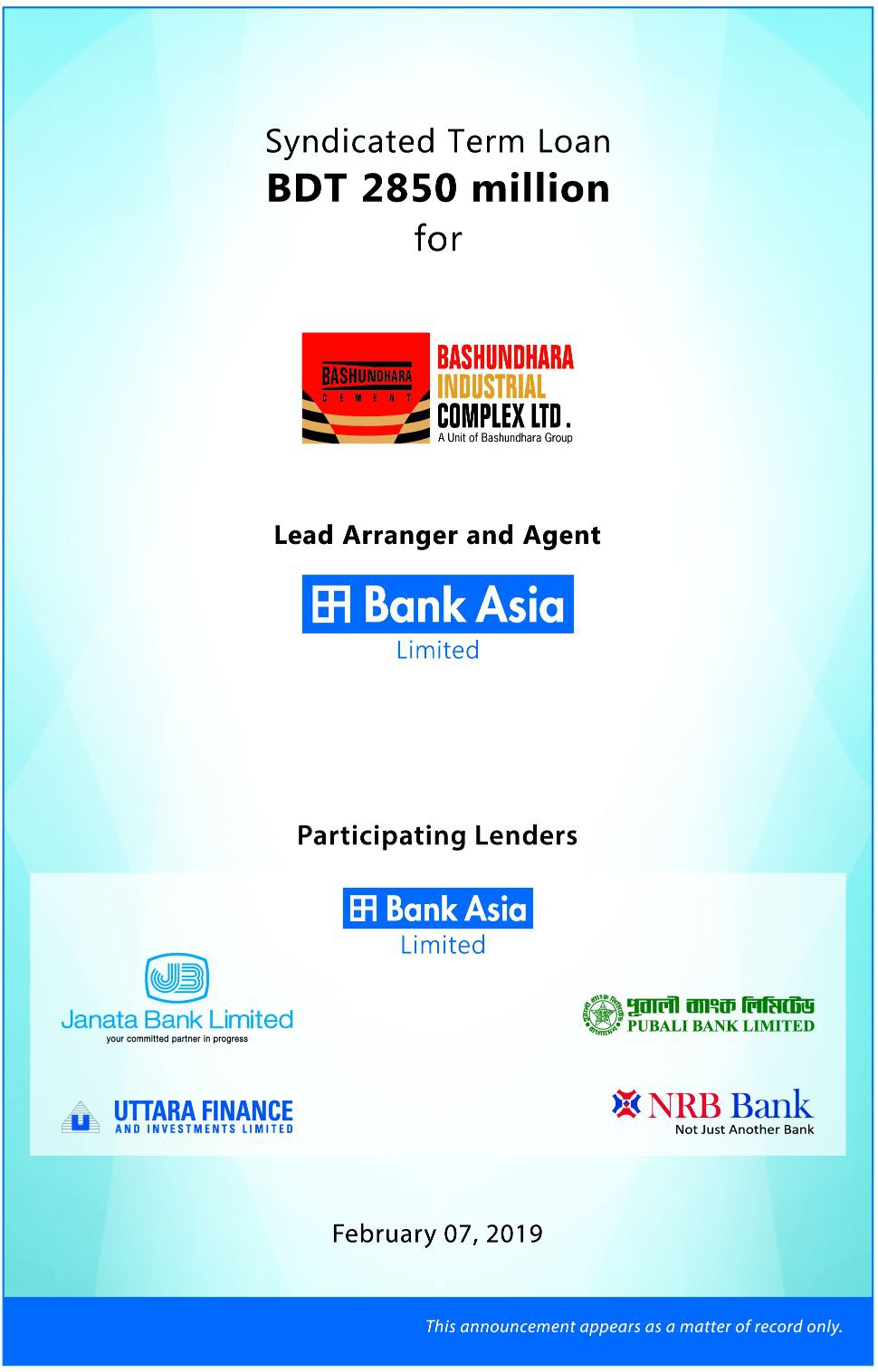 Bashundhara Cement Press Ad For Syndicating Loan